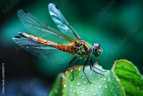 Dragonfly on flower with green background.Generative Ai. © Inlovehem
