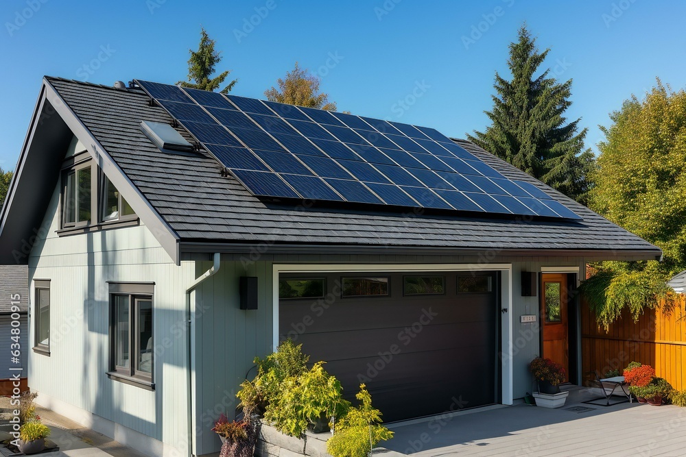 Solar panels on the roof of the house garage. Renewable energy concept. Solar panels on the roof of the house garage. Renewable energy concept.