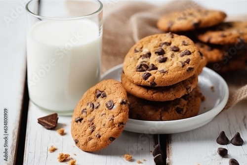 Milk with cookies  on white wooden background.Generative Ai.