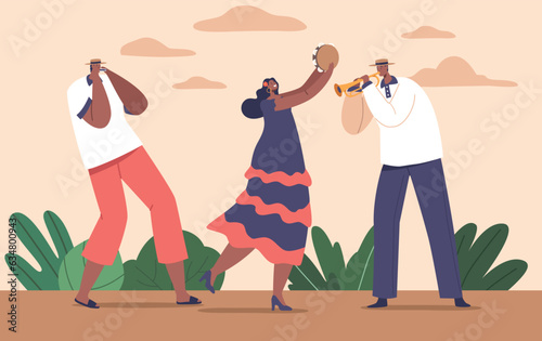 Latino Musician Characters Infuse Vibrant Rhythms And Melodies, Reflecting Their Rich Cultural Heritage, Vector