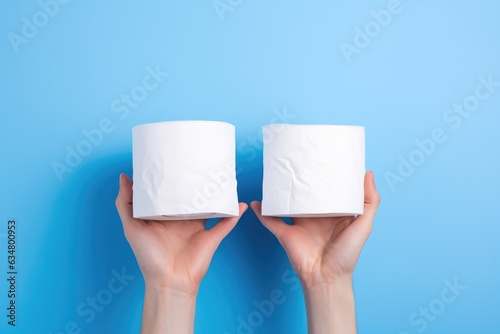 hands holding toilet paper rolls on blue background