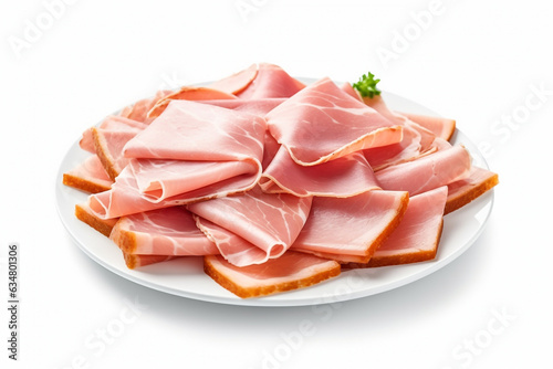 Ham on a plate isolated on white background .Generative Ai.