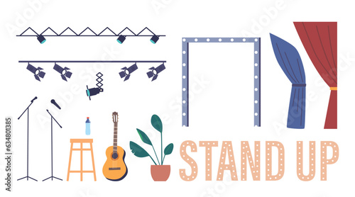 Set Of Standup Comedy Icons Depicting A Microphone, Guitar, Curtains and Spotlight for And Comedian Performance