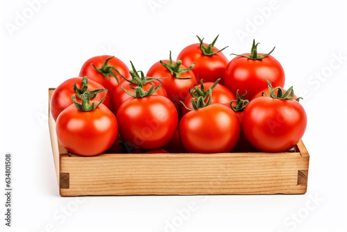 Fresh tomatoes in wooden box isolated on white background.Generative Ai. © Inlovehem