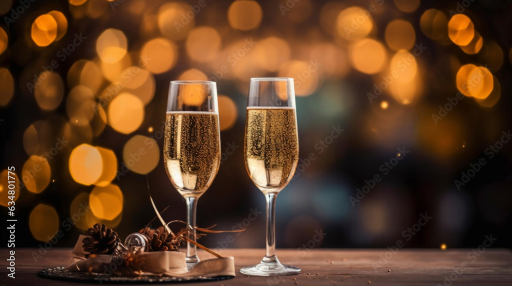 AI generated, two glasses filled with champage and a background with soft lights. Copy space available. Background for new year celebration, christmas, anniversary, jubilee. Luxe. AI generated, two glasses filled with champage and a background with soft lights. Copy space available. Background for new year celebration, christmas, anniversary, jubilee. Luxe.