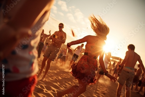 Young beautiful woman dancing at beach party surrounded by other people. AI generated.