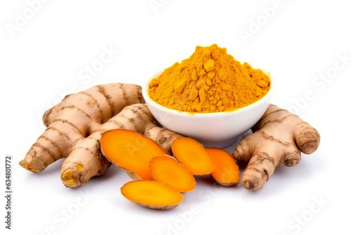 Turmeric root and powder isolated on white background.Generative Ai.