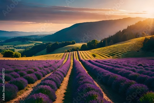 Lavender dreams in the rays of the French sunset. Generative AI