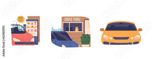 Drive Thru, Convenient Service Allowing Customers To Order And Receive Food Or Services From Their Vehicles, Vector