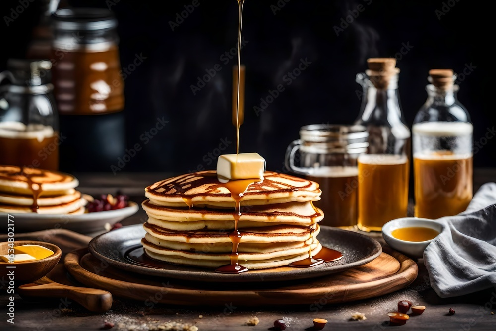 A stack of fluffy buttermilk pancakes drizzled with warm maple syrup, topped with a pat of melting butter