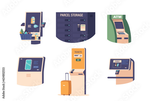 Self-service Terminals Allow Customers To Complete Transactions Independently, Such As Buying Goods, Vector Illustration