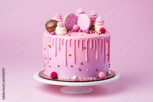 Wallpaper Mural Cute birthday cake pink with macarons and donuts, Sweet cake for a surprise birthday, mother's Day, Valentine's Day Torontodigital.ca