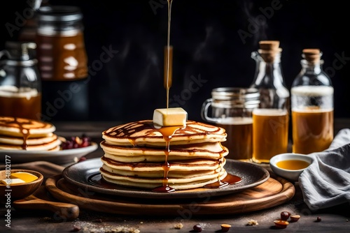 A stack of fluffy buttermilk pancakes drizzled with warm maple syrup, topped with a pat of melting butter