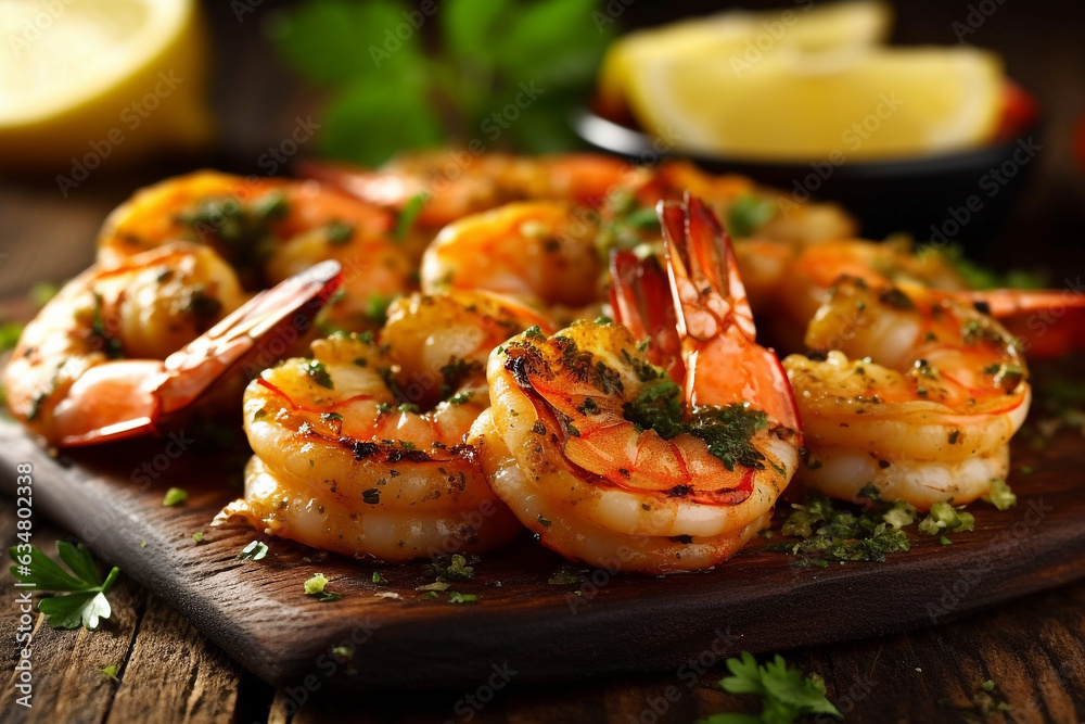 Grilled prawns with lemon and parsley on wooden background.Generative Ai. Grilled prawns with lemon and parsley on wooden background.Generative Ai.