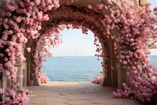 Canvastavla Rose blooms arch on blue sea background, wedding set up