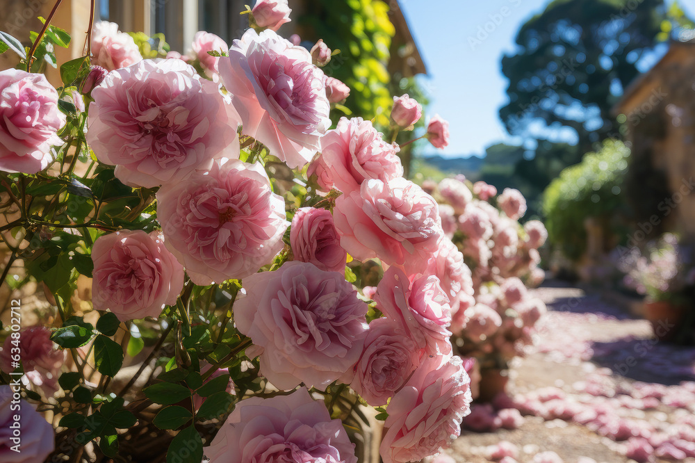 David Austin pink rose flowers on blue sky