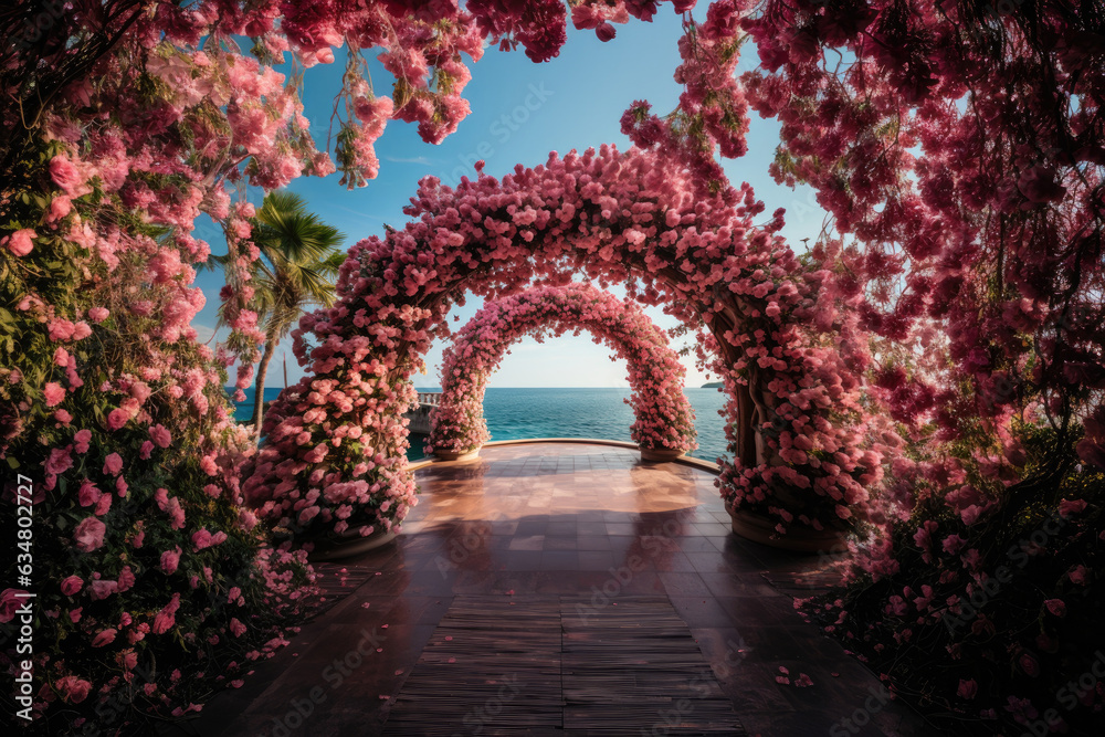 Fototapeta premium Flower arch from pink flower on blue sea background 