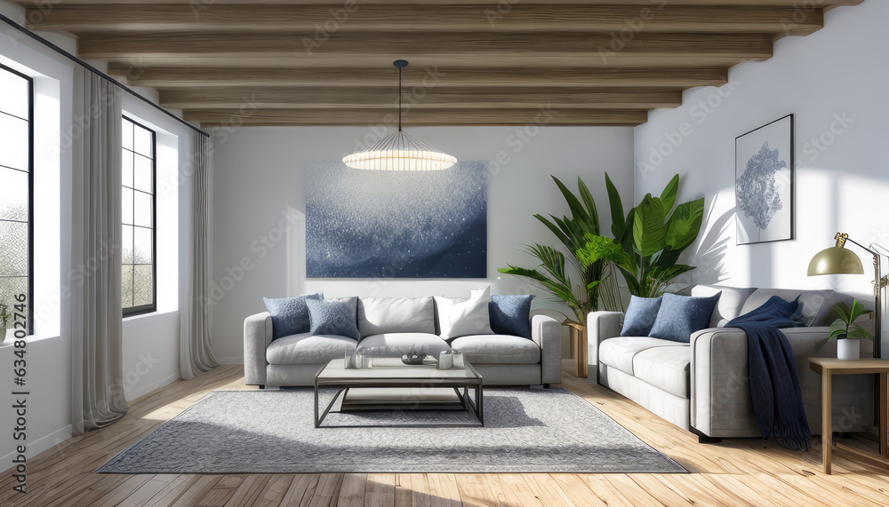 Fototapeta premium Photorealistic luxurious modern living room indoor interior with plants decor display