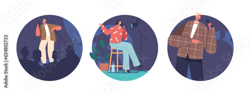 Isolated Round Icons Or Avatars Of Comedian Characters Perform Stand-up Comedy By Delivering Humorous Anecdotes