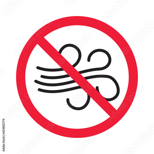 Prohibited wind vector icon. No wind icon. Forbidden windy storm icon. No wind sign. Warning, caution, attention, restriction, danger flat sign design symbol pictogram
