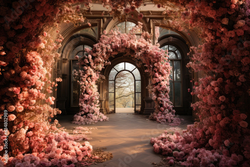  Flower arch from pink flowers in old castle 