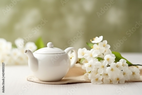 Green tea with jasmine flower and white ceramic teapot.Generative Ai.