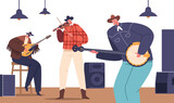Country Musicians On Stage Exude Raw Emotion Through Twangy Vocals And Skilled Playing, Cartoon Vector Illustration