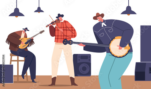 Country Musicians On Stage Exude Raw Emotion Through Twangy Vocals And Skilled Playing, Cartoon Vector Illustration photo