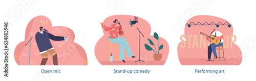 Isolated Elements With Comedian Male And Female Characters Perform Stand-up Comedy By Delivering Humorous Anecdotes