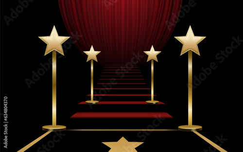 Red starry walkway, stairs with red carpet, award fashion stage. Vector illustration