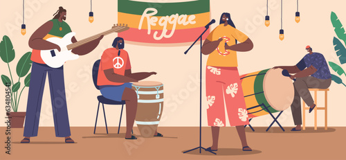 Reggae Musicians On Stage Exude Vibrant Energy With Their Rhythmic Movements And Soulful Vocals, Vector Illustration