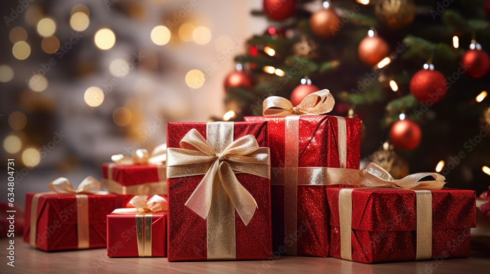 Gift, red boxes with beige bows on the background of a Christmas tree. Concept of Christmas, New Year, gift Gift, red boxes with beige bows on the background of a Christmas tree. Concept of Christmas, New Year, gift