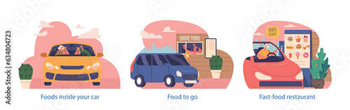 Isolated Elements With Customers Order And Collect Fast Food From Their Vehicles At The Drive-thru, Eating Meals Inside