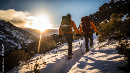 Hikers walking along a trail in the snow, heading into the frozen winter wilderness looking for an outdoor adventure. Shallow field of view.