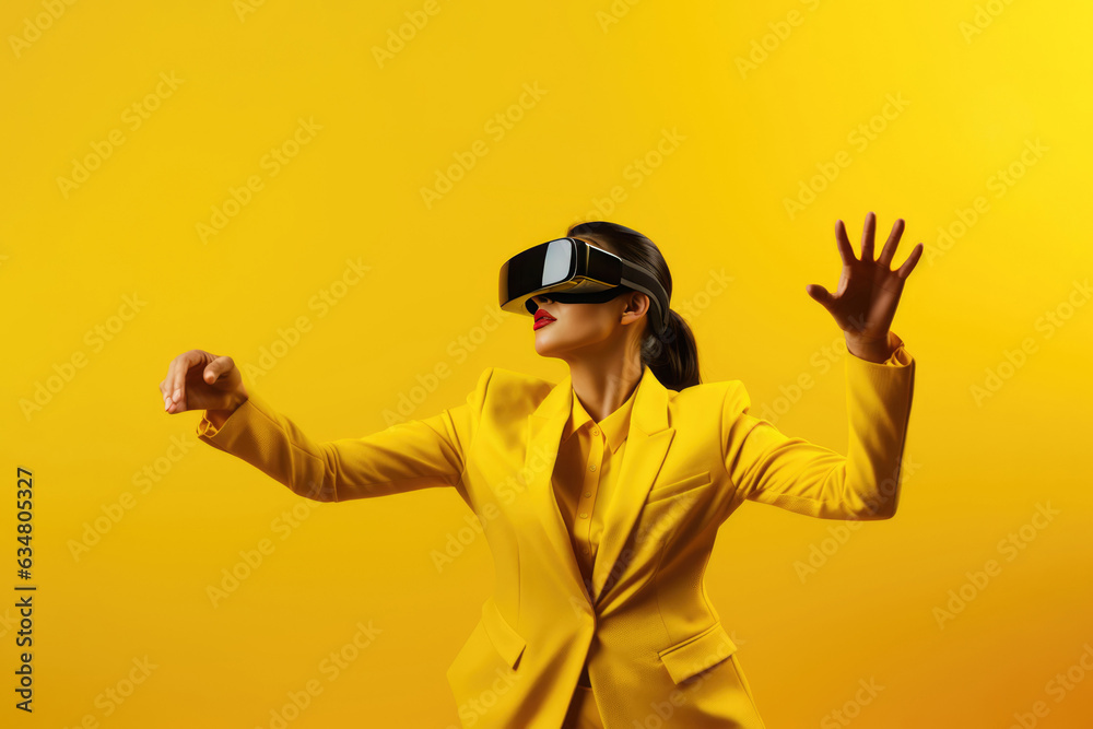 Woman Dancing In Vr Goggles On Yellow Background. Vr Goggles, Dancing, Woman, Yellow Background, Fitness, Joy, Balance, Coordination Woman Dancing In Vr Goggles On Yellow Background. Vr Goggles, Dancing, Woman, Yellow Background, Fitness, Joy, Balance, Coordination