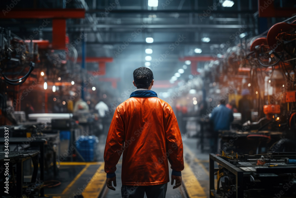 Worker In The Background Automotive Parts Manufacturing Plant. Automotive Parts Manufacturing, Workers In The Background, Safety Requirements, Automation In The Factory, Statutory Regulations