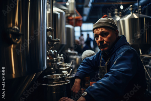 Worker In The Background Brewery. Purifying Water, Brewing Processes, Cleaning Sanitizing, Deteriorating Equipment, Supplies Inventory, Plant Facility Maintenance, Safety Considerations