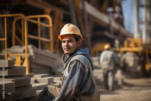 Worker In The Background Cement Block Plant. History Of Workers In Cement Block Plants, Working Conditions Of Workers, Employer Responsibilities, Health And Safety Risks, Worker Rights photo