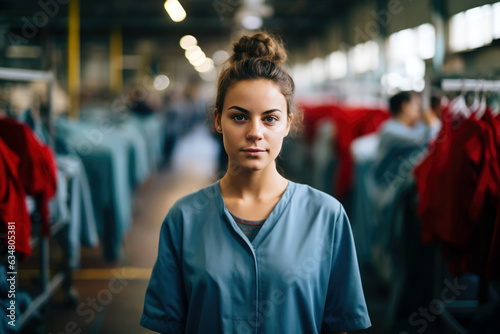 Worker In The Background Clothing Manufacturing Factory. Design Process, Legal Compliance, Machinery Used, Safety Protocols, Productivity Techniques, Worker Protection, Quality Control photo