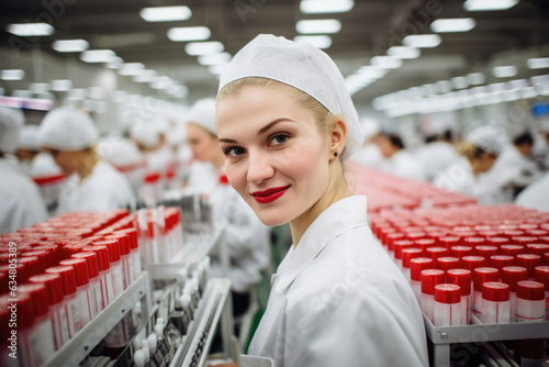 Worker In The Background Cosmetics Factory. Background Workers In Cosmetics Factory, Working Conditions, Hazards, Health Benefits, Safety Protocols, Welfare Facilities, Environment Impact photo