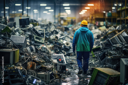 Worker In The Background Electronics Recycling Plant. How Electronics Recycling Works, Benefits And Risks Of Electronics Recycling, Working Conditions In Recycling Plant photo