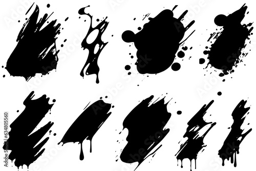 Vector set of ink splashes. Black inked splatter dirt stain splattered spray splash with drops blots isolated.