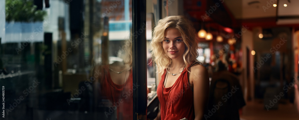 Hübsche blonde Frau mit Locken am Fenster im Lokal lacht Porträt als Querformat für Banner, ai generativ