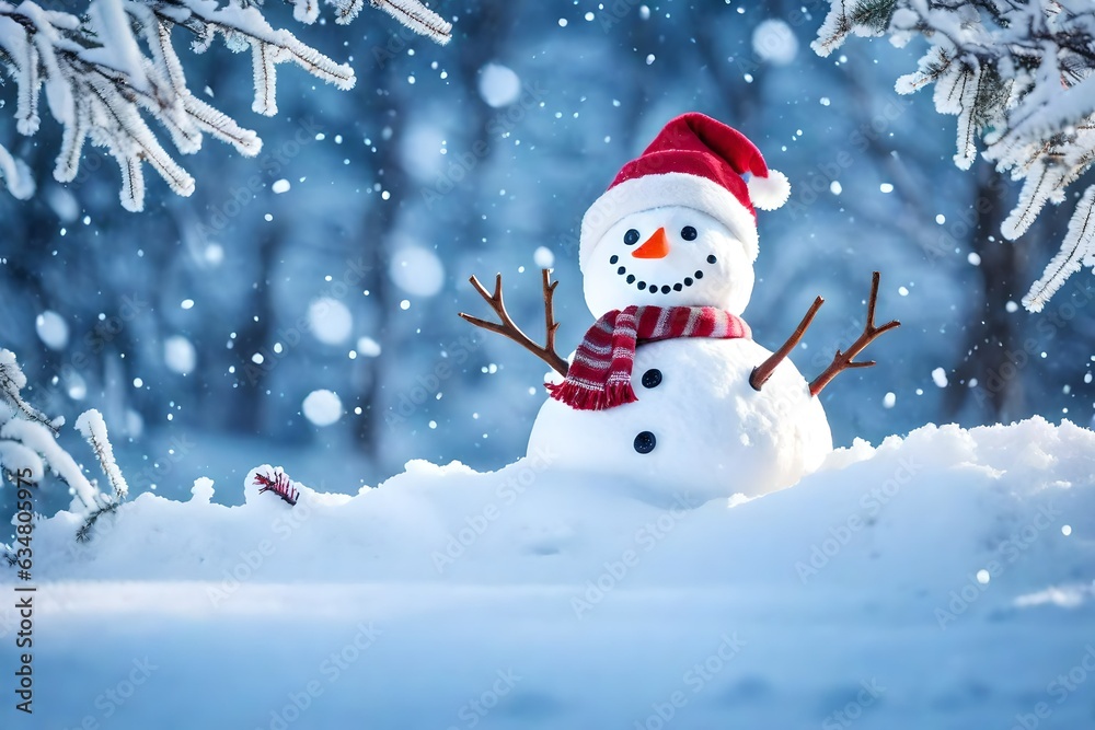 Cute Snowman with snow and tree in winter season on a isolated background