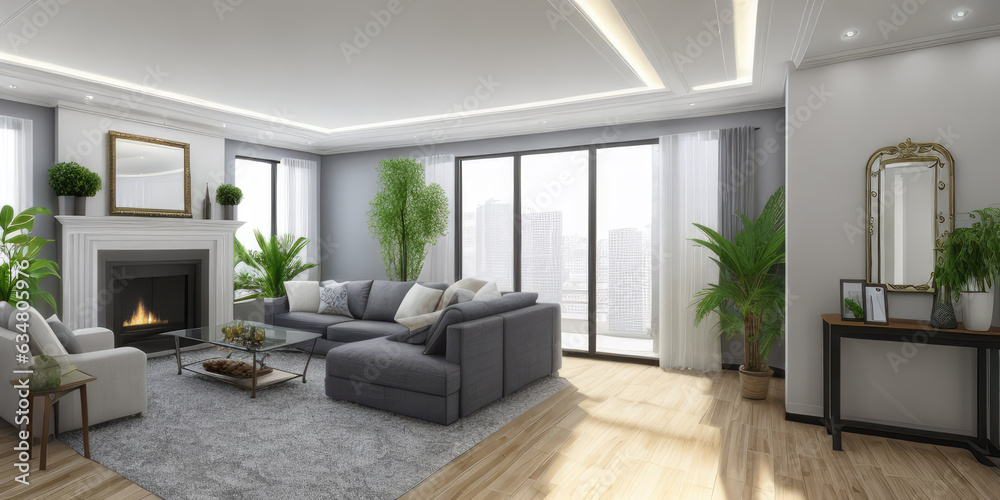 Fototapeta premium Photorealistic luxurious modern sitting room indoor interior with plants decor display