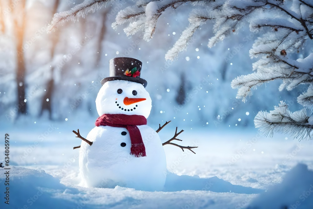 Cute Snowman with snow and tree in winter season on a isolated background