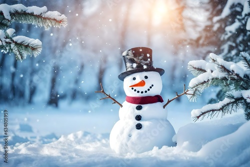 Cute Snowman with snow and tree in winter season on a isolated background © Arqumaulakh50