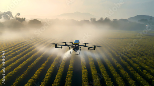 Drone spraying fertilizers on crop photo