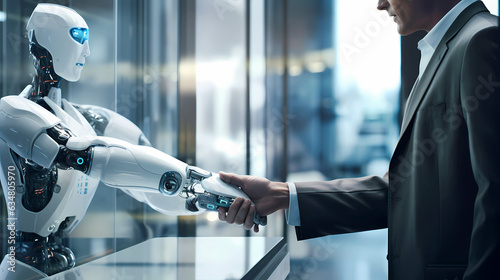 Man shaking hand with robot, human connecting to artificial intelligence, geenrative AI photo