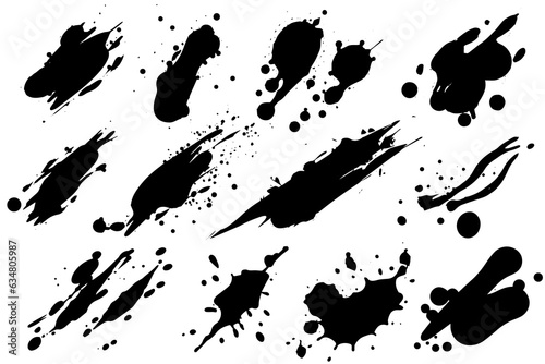 Vector set of ink splashes. Black inked splatter dirt stain splattered spray splash with drops blots isolated.